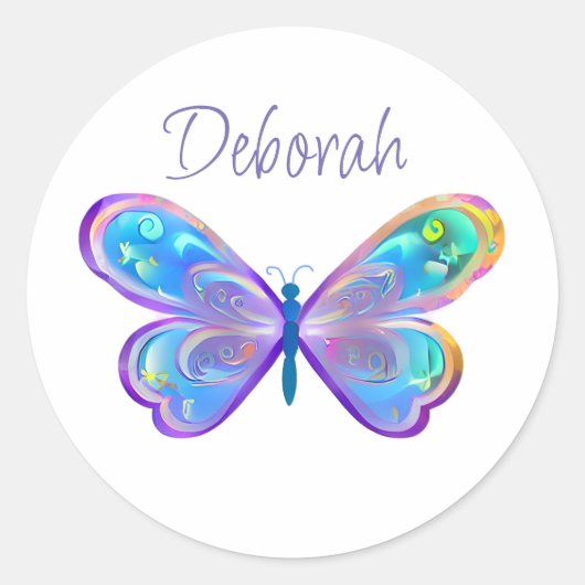 Sticker Rond Papillon bleu et violet personnalisé (Devant)