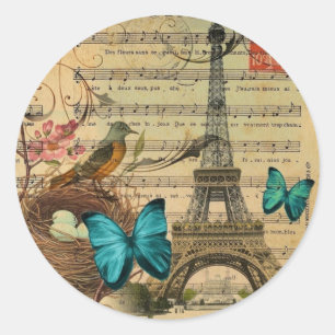 Sticker Rond Papillon bleu Robin nid d'oiseau Paris Tour Eiffel