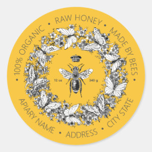 Sticker Rond Papillon d'abeille Vintage moderne Wreath Honey