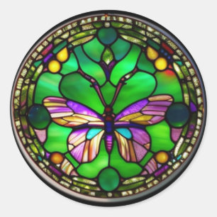Sticker Rond Papillon dans un design de vitrail de style Tiffan