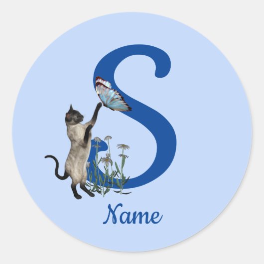 Sticker Rond Papillon de chat siamois monogramme initiale S nom (Devant)