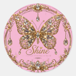 Sticker Rond Papillon de cristal doré Brille Luxe Bijoux Art