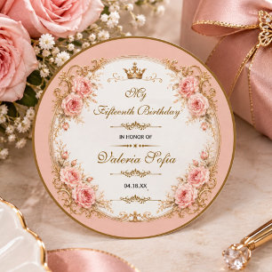 Sticker Rond Papillon de Quinceañera 15 ans en Or Vert Emeraude