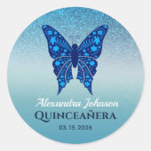 Sticker Rond Papillon de Quinceañera à paillettes bleues (Devant)
