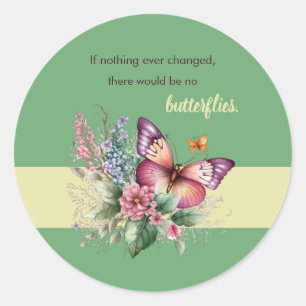Sticker Rond Papillon d'encouragement et fleurs sur fond vert