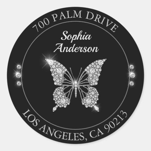 Sticker Rond Papillon Diamant, Adresse de Retour Cercle Noir (Devant)