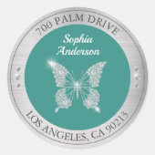 Sticker Rond Papillon Diamant, Adresse de Retour en Métal Argen (Devant)