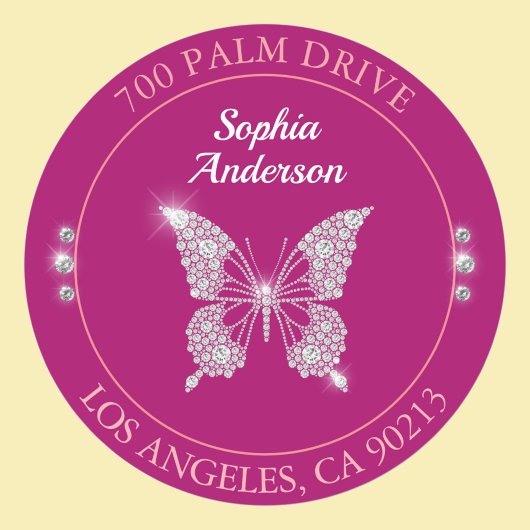 Sticker Rond Papillon Diamant, Adresse de Retour Fuchsia Foncé