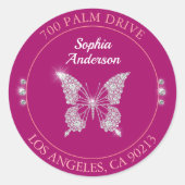 Sticker Rond Papillon Diamant, Adresse de Retour Fuchsia Profon (Devant)