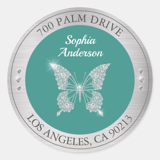 Sticker Rond Papillon Diamant, Adresse de Retour Métal Argenté (Devant)