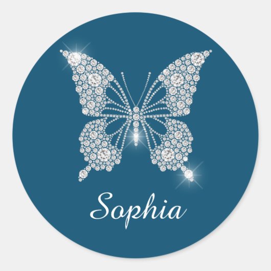 Sticker Rond Papillon Diamant Blanc, Nom de Script, Bleu Océan (Devant)