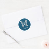 Sticker Rond Papillon Diamant Blanc, Nom de Script, Bleu Océan (Enveloppe)
