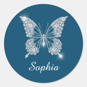 Sticker Rond Papillon Diamant Blanc, Nom de Script, Bleu Océan