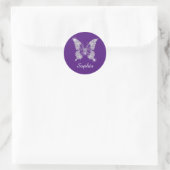 Sticker Rond Papillon Diamant Blanc, Nom de Script, Violet Roya (Sac)