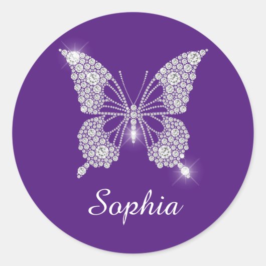 Sticker Rond Papillon Diamant Blanc, Nom de Script, Violet Roya (Devant)