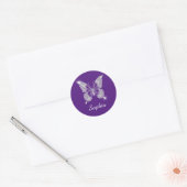Sticker Rond Papillon Diamant Blanc, Nom de Script, Violet Roya (Enveloppe)