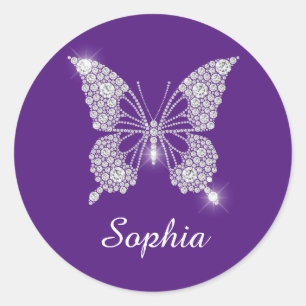Sticker Rond Papillon Diamant Blanc, Nom de Script, Violet Roya