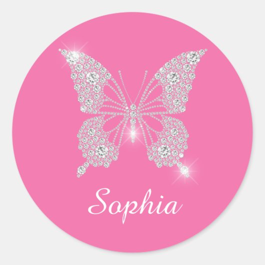 Sticker Rond Papillon Diamant Blanc, Nom du script, Rose (Devant)