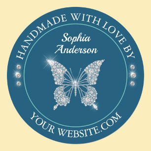 Sticker Rond Papillon Diamant, Fabriqué Avec Amour Bleu Océan