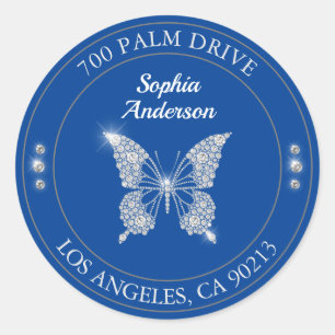 Sticker Rond Papillon Diamant, Nom et Adresse de Retour Bleu Pr