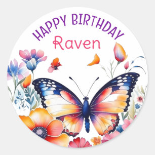 Sticker Rond Papillon en fleurs Fête d'anniversaire de la fille