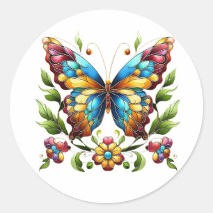 Sticker Rond Papillon en vitrail coloré avec fleurs