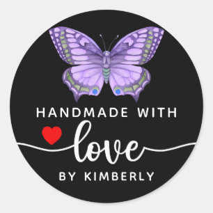 Sticker Rond Papillon fait main avec amour noir