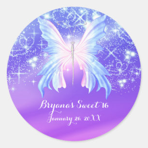Sticker Rond Papillon Fantaisie Rose & Violet Pailleté