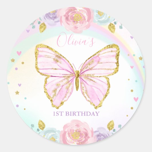 Sticker Rond Papillon fête d'anniversaire rose papillon floral (Devant)