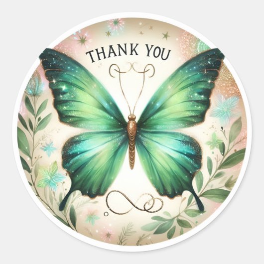 Sticker Rond Papillon Feuille Parties scintillant verte - Merci (Devant)
