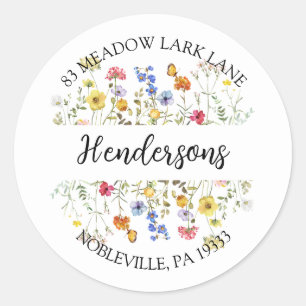 Sticker Rond Papillon Fleur Sauvage Floral Boho Adresse