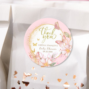 Sticker Rond Papillon & Fleurs Parties scintillant rose Baby sh