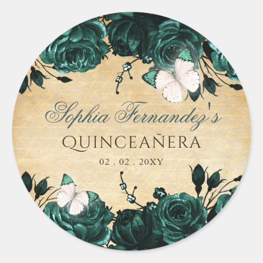 Sticker Rond Papillon floral émeraude vintage rustique (Devant)