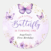 Sticker Rond Papillon floral pourpre et or 1er anniversaire (Devant)