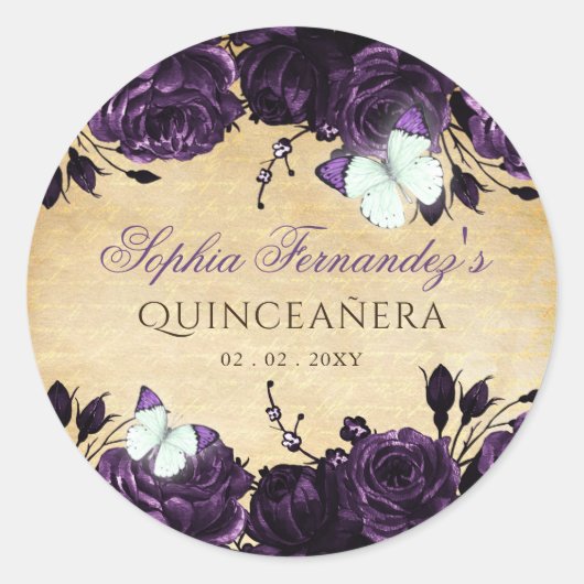 Sticker Rond Papillon floral violet rustique vintage (Devant)