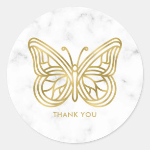 Sticker Rond Papillon géométrique Marbre blanc et or
