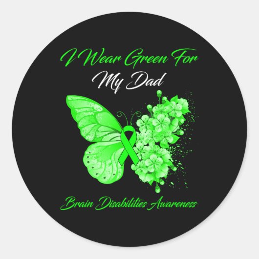 Sticker Rond Papillon Je Porte Vert Pour Mon Papa Cerveau Désab (Devant)