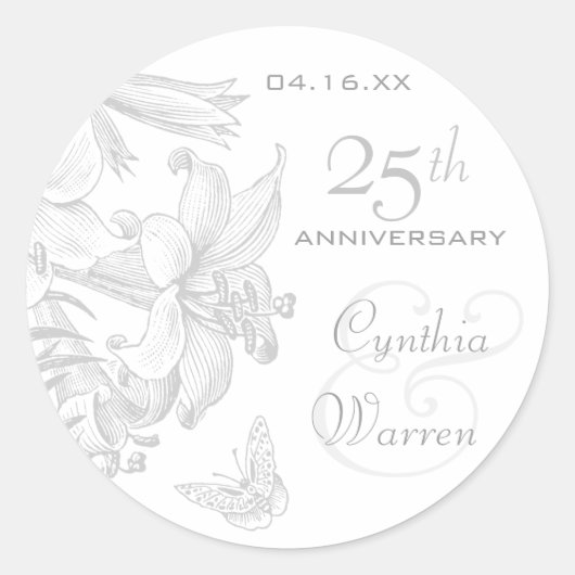 Sticker Rond Papillon Lilies Argent 25e anniversaire Mariage (Devant)