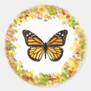 Sticker Rond Papillon monarque en cadre feuille