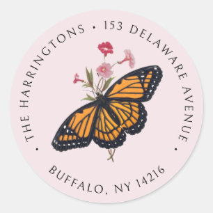 Sticker Rond Papillon Monarque Orange Blush Rose Adresse de Ret