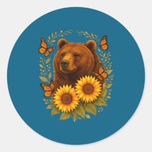 Sticker Rond Papillon ours Nature Rustique Tournesol Monarque A