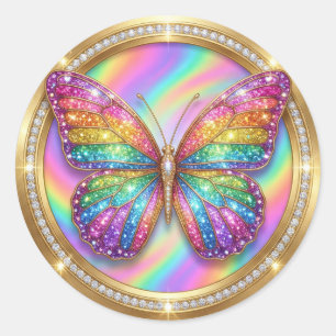 Sticker Rond Papillon Pailleté Arc-en-Ciel de Luxe