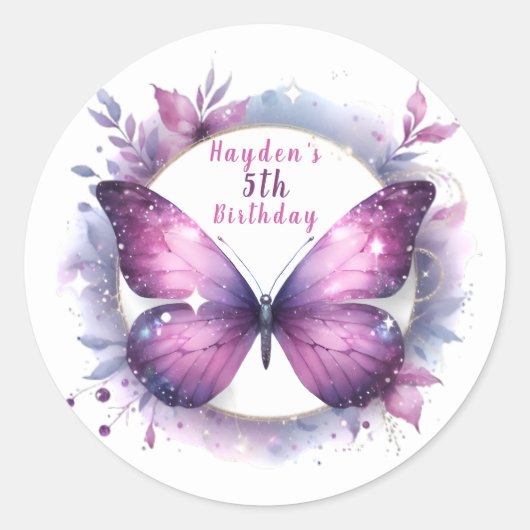 Sticker Rond Papillon Pailleté Violet - Anniversaire (Devant)