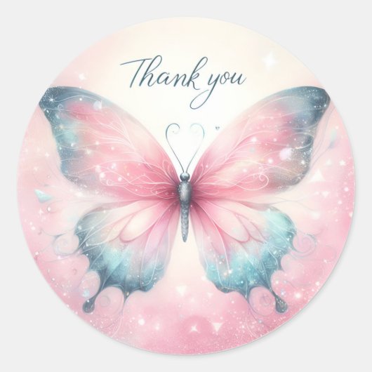 Sticker Rond Papillon Parties scintillant Pastel Rose - Merci - (Devant)