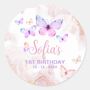 Sticker Rond Papillon premier anniversaire fille 1er rose viole