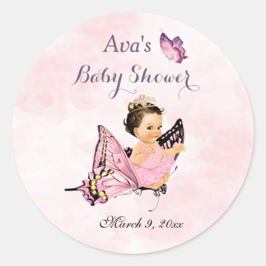 Sticker Rond Papillon princesse bébé fille rose (Devant)