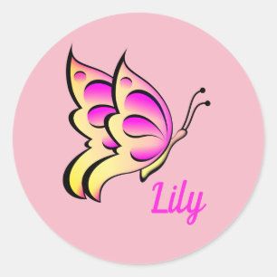 Sticker Rond papillon rose - ajouter un nom