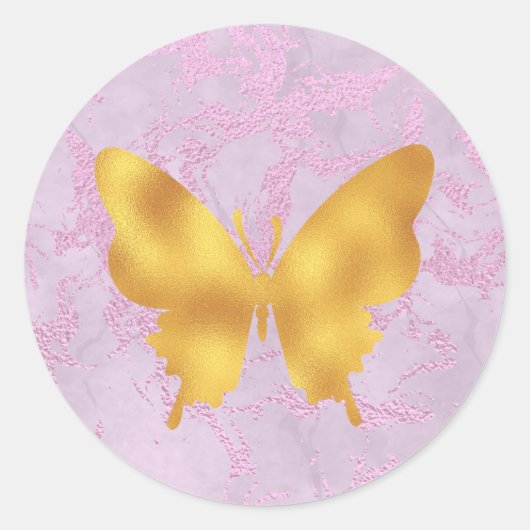 Sticker Rond Papillon rose et or en marbre (Devant)
