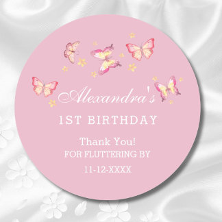 Sticker Rond Papillon rose fille 1er Merci d'anniversaire
