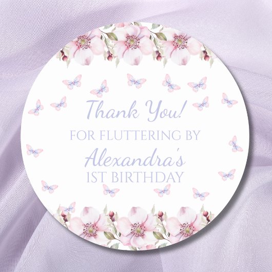 Sticker Rond Papillon rose floral 1er Merci d'anniversaire